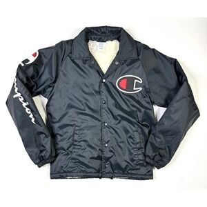Champion Jacket Men's Small Vintage Sherpa Lined Coach's Windbreaker Navy Blue